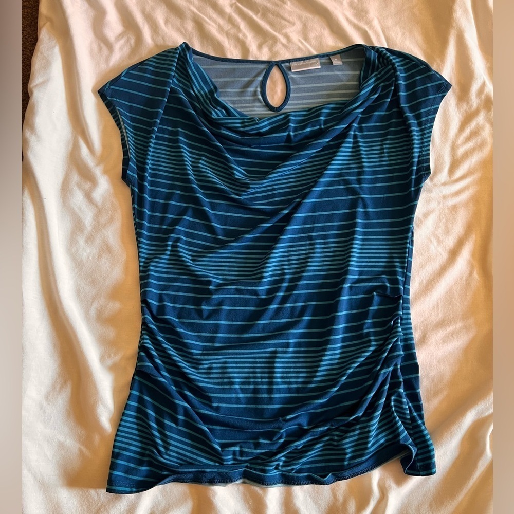 New York & Company Blue Stripped short sleeve shirt with cow neck. Size M